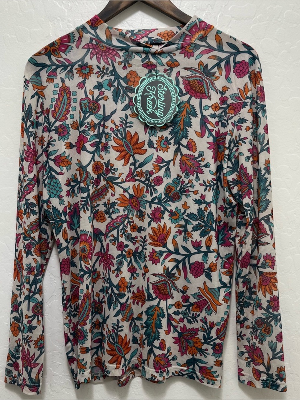 Sterling Kreek Mesh Top “Buy Myself Flowers” Sz L Stretch Beach Layering
